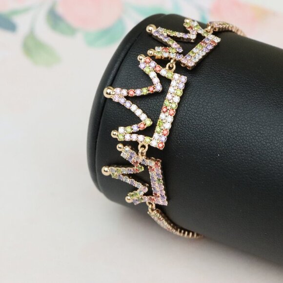 "Crown Charm Rose Gold Bracelet with Multicolor CZ, Adjustable Fit, XPBL0737 - Picture 8 of 12